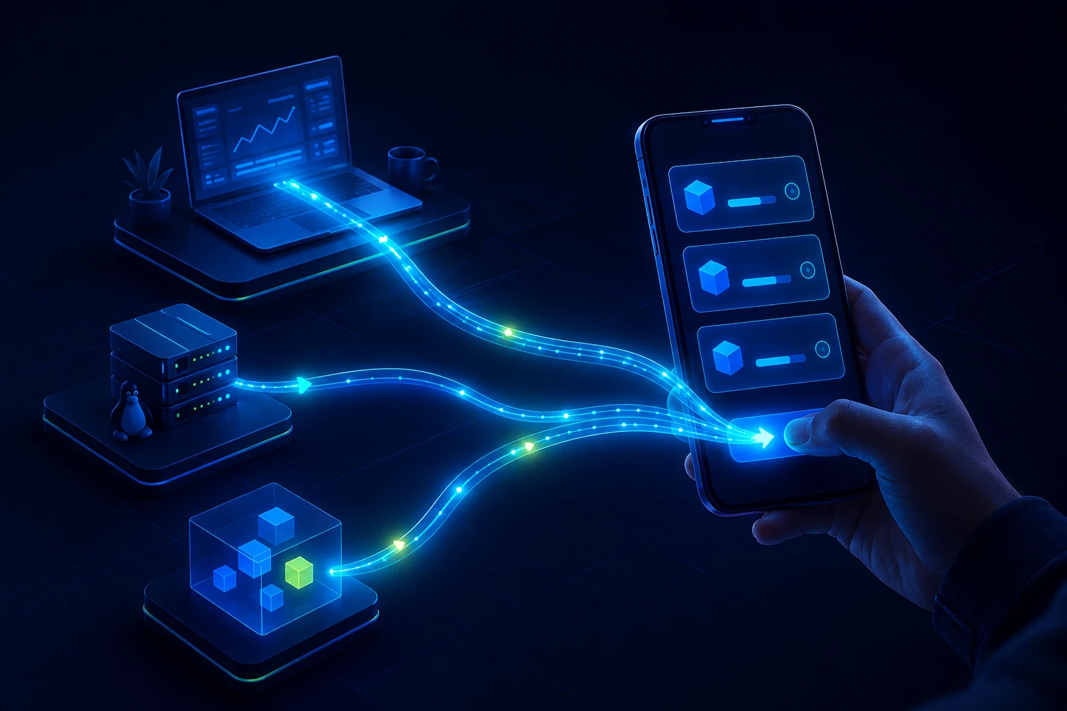 A phone dispatching tasks to several remote work environments